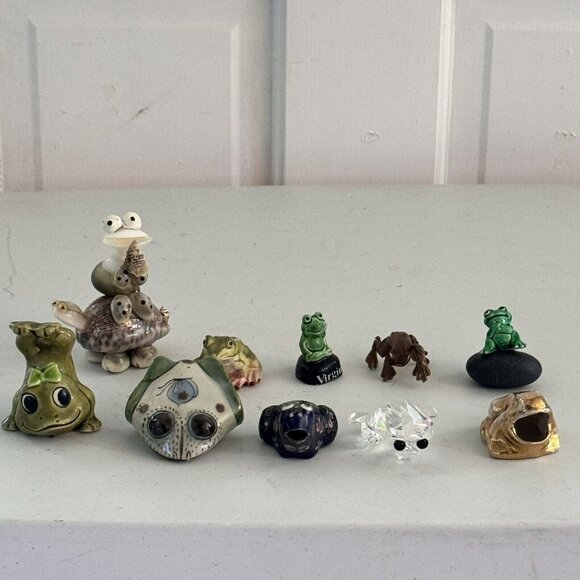 Vintage 12 Frog Figurines Set Neil, Mexico, Swarovski, Gold Gilt Toothpick, Russ - Picture 1 of 16